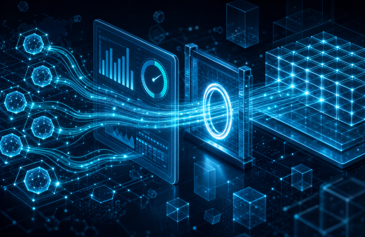 Ilustración abstracta en wireframe cian sobre fondo azul marino: varios nodos de agentes de IA emiten hilos de datos que atraviesan un panel de medición con columnas tipo gráfico de barras y un dial circular, pasan por un punto de control con un anillo luminoso de aprobación y se ordenan en una grilla de celdas tipo libro contable