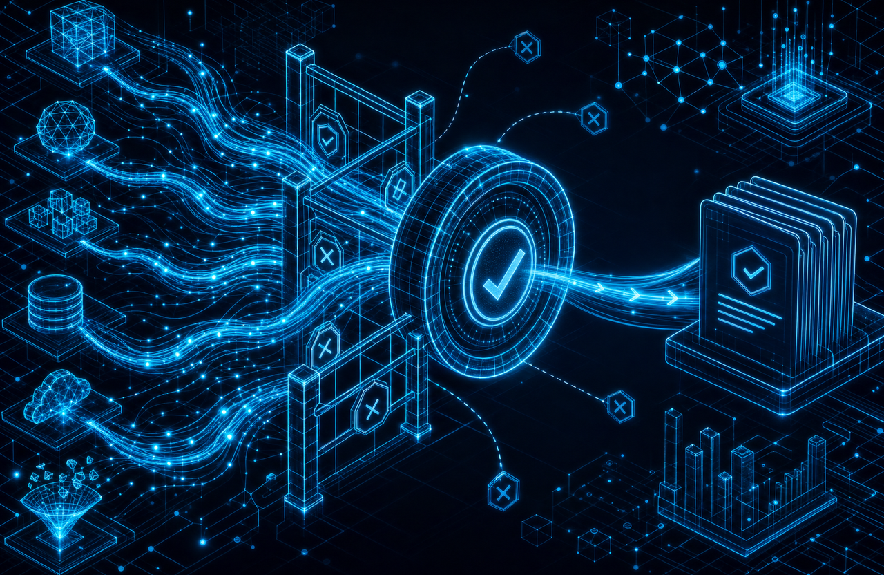 Ilustración abstracta en wireframe cian sobre fondo azul marino: flujos de datos luminosos atraviesan una barrera de control con puntos de verificación hacia un anillo central con un check de aprobación y una pila de documentos pendientes de aprobación