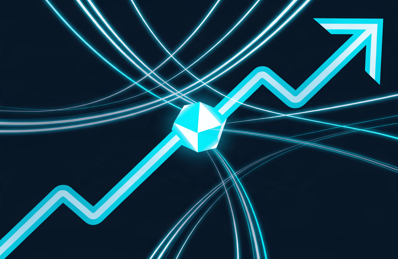 Ilustración abstracta de un agente de IA como núcleo central irradiando una red de nodos hacia una flecha ascendente, simbolizando capital movido de forma autónoma