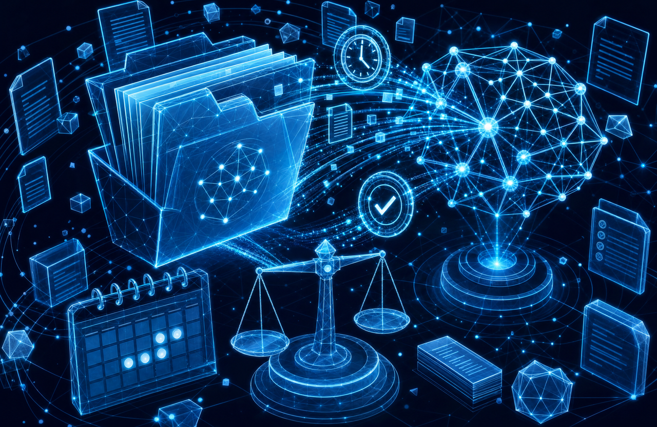 Ilustración abstracta en wireframe cian sobre fondo azul marino: una carpeta de expediente legal translúcida emite documentos y un ícono de reloj de vencimiento que fluyen hacia una red neuronal luminosa, con una balanza de la justicia geométrica y un calendario con vencimientos marcados alrededor