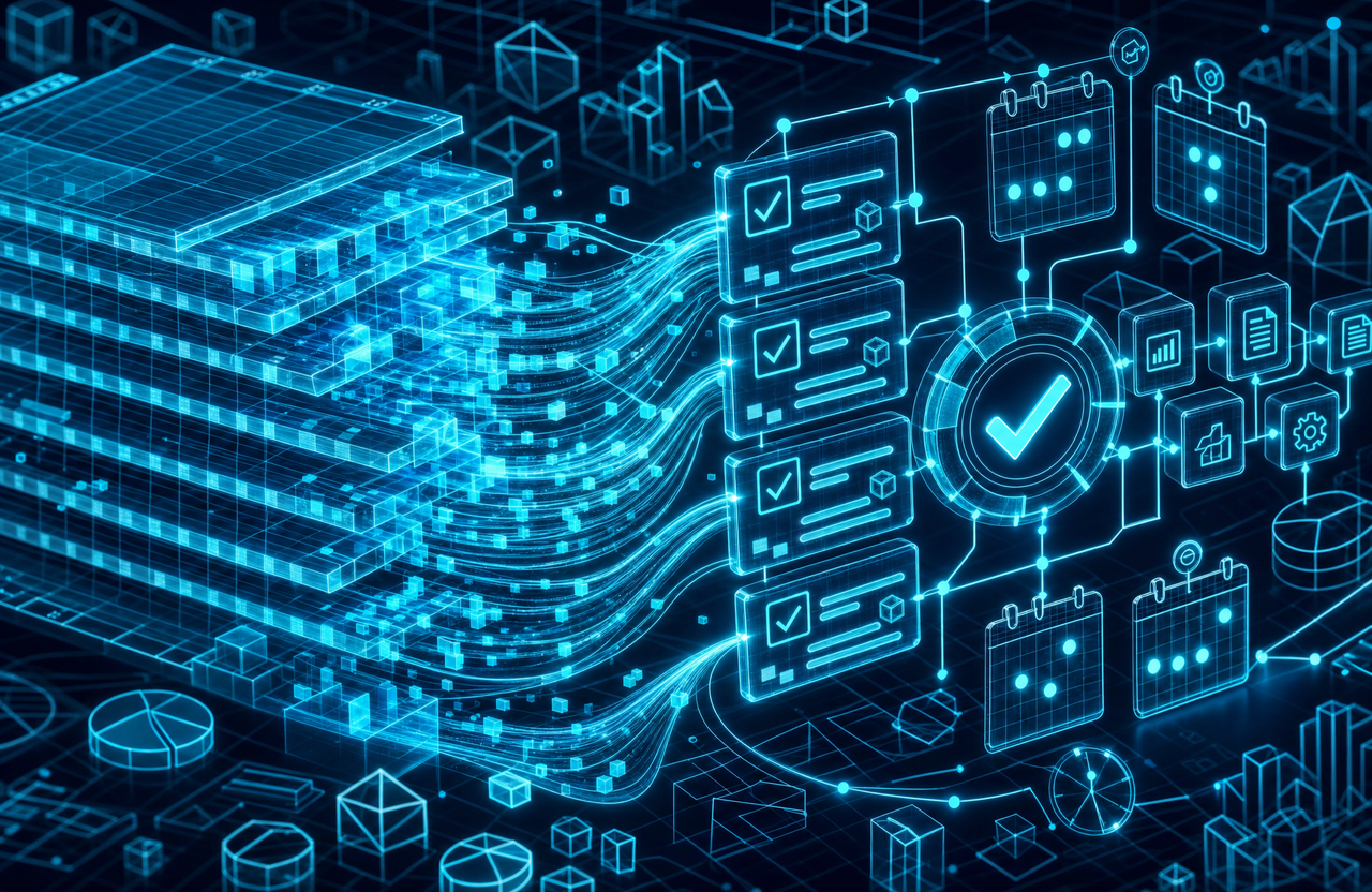 Ilustración abstracta en wireframe cian sobre fondo azul marino: una pila de planillas de Excel se disuelve en hilos de datos luminosos que fluyen hacia un circuito de tarjetas de checklist con tildes de aprobación, un anillo central con un check de aprobación y calendarios con vencimientos marcados