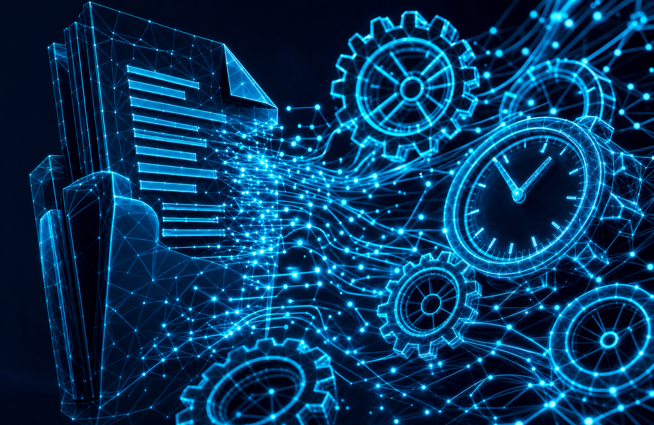 Ilustración abstracta de un expediente legal en wireframe cian que se disuelve en nodos de datos conectados y engranajes, simbolizando la integración automática de plazos y casos entre sistemas