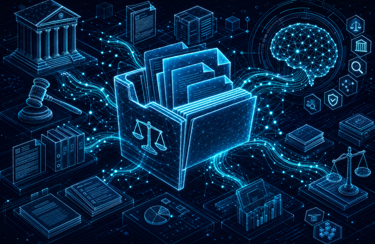 Ilustración abstracta de una carpeta de expediente legal en wireframe cian que se conecta mediante hilos de datos a un cerebro de red neuronal y a íconos de tribunales, balanza y jurisprudencia, simbolizando la integración de datos de expedientes en un flujo de trabajo de litigio con IA
