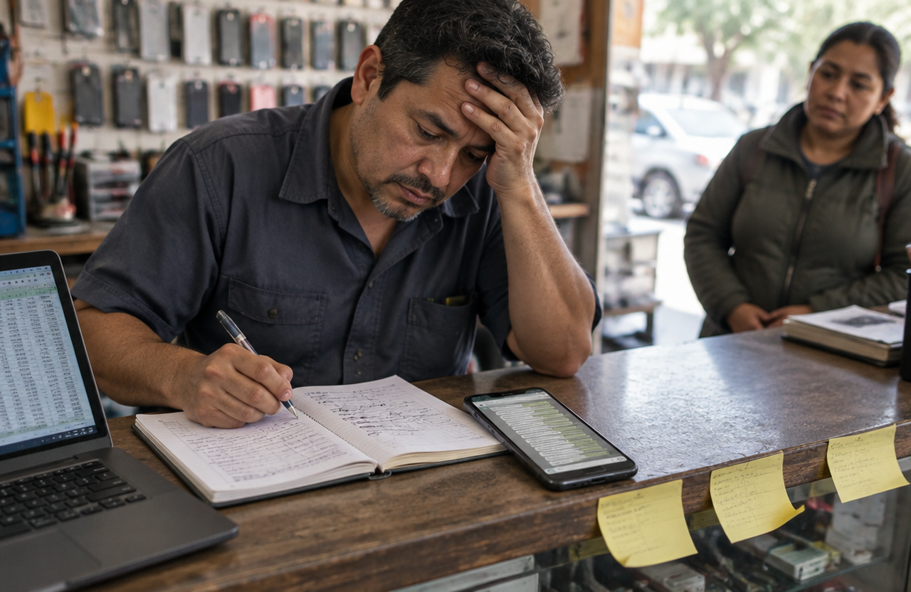 Dueño de un servicio técnico pequeño, agobiado detrás del mostrador, copia a mano datos de una conversación de mensajería a un cuaderno, con notas adhesivas y una planilla abierta en la laptop, mientras una clienta espera de pie.