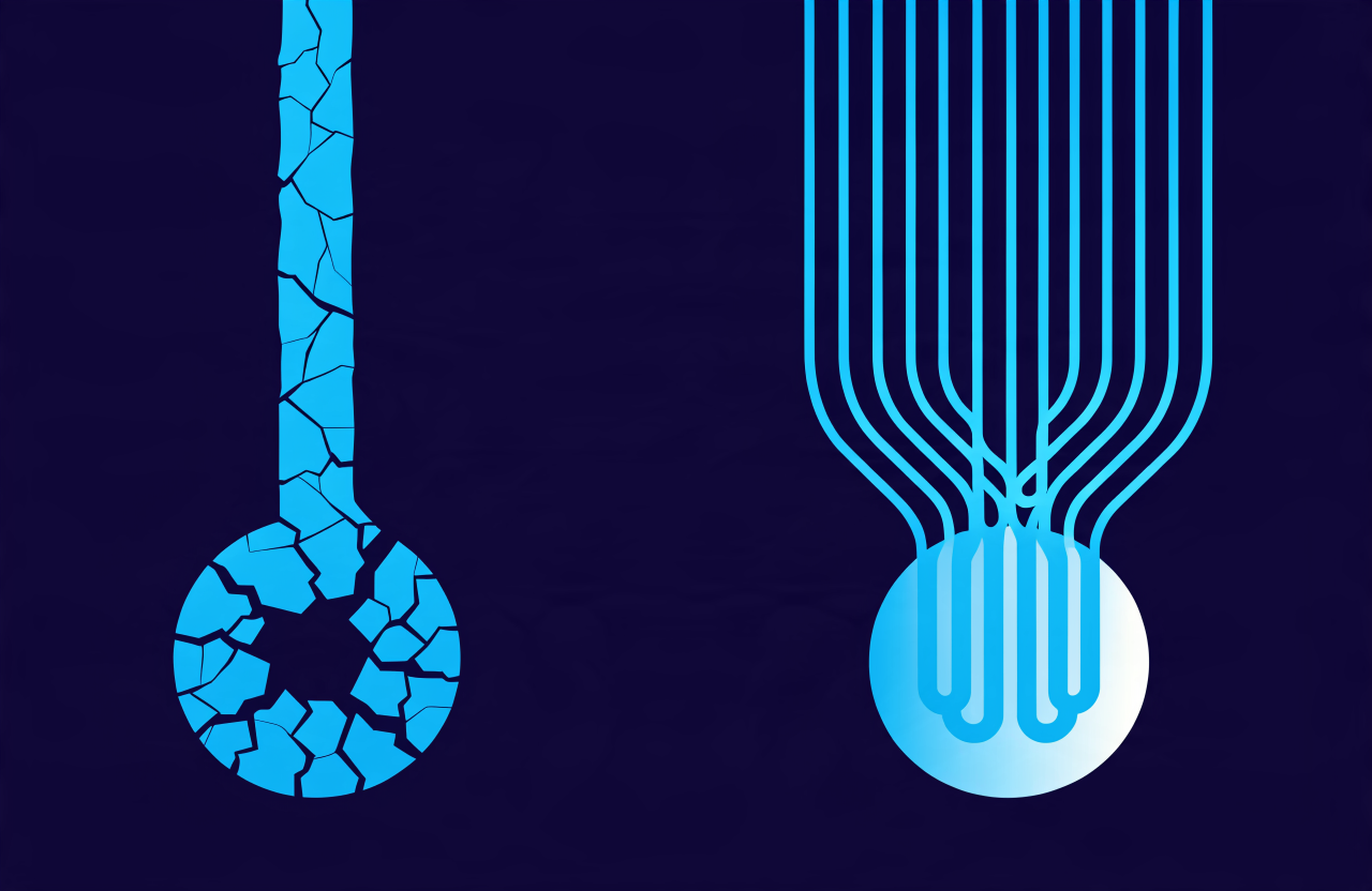 Ilustración abstracta de un único camino frágil que se rompe frente a múltiples vías resilientes convergiendo, simbolizando el riesgo de depender de una sola IA